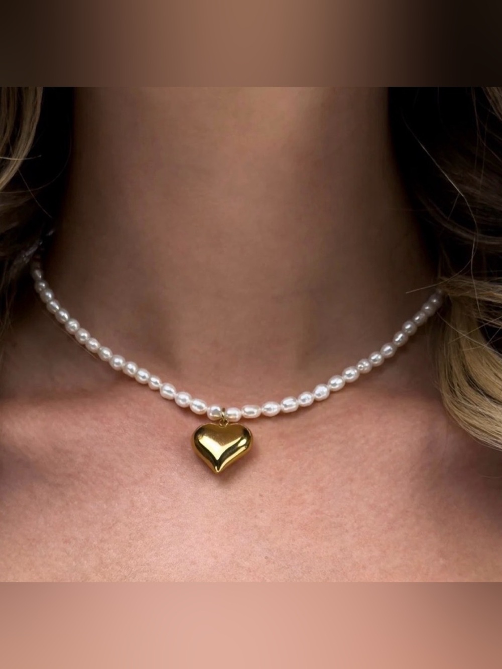 Oshena Designer Beachwear Amara gold heart genuine pearl necklace